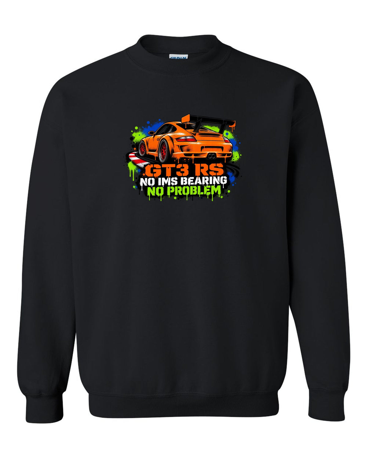 Porsche 996 GT3 RS graffiti stencil spray paint design with IMS joke black crewneck front view with the design