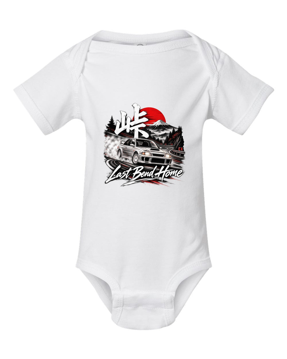 Subaru Impreza WRX GC8 coupe at a night touge bend with Last Bend Home text white baby onesie front view with the design