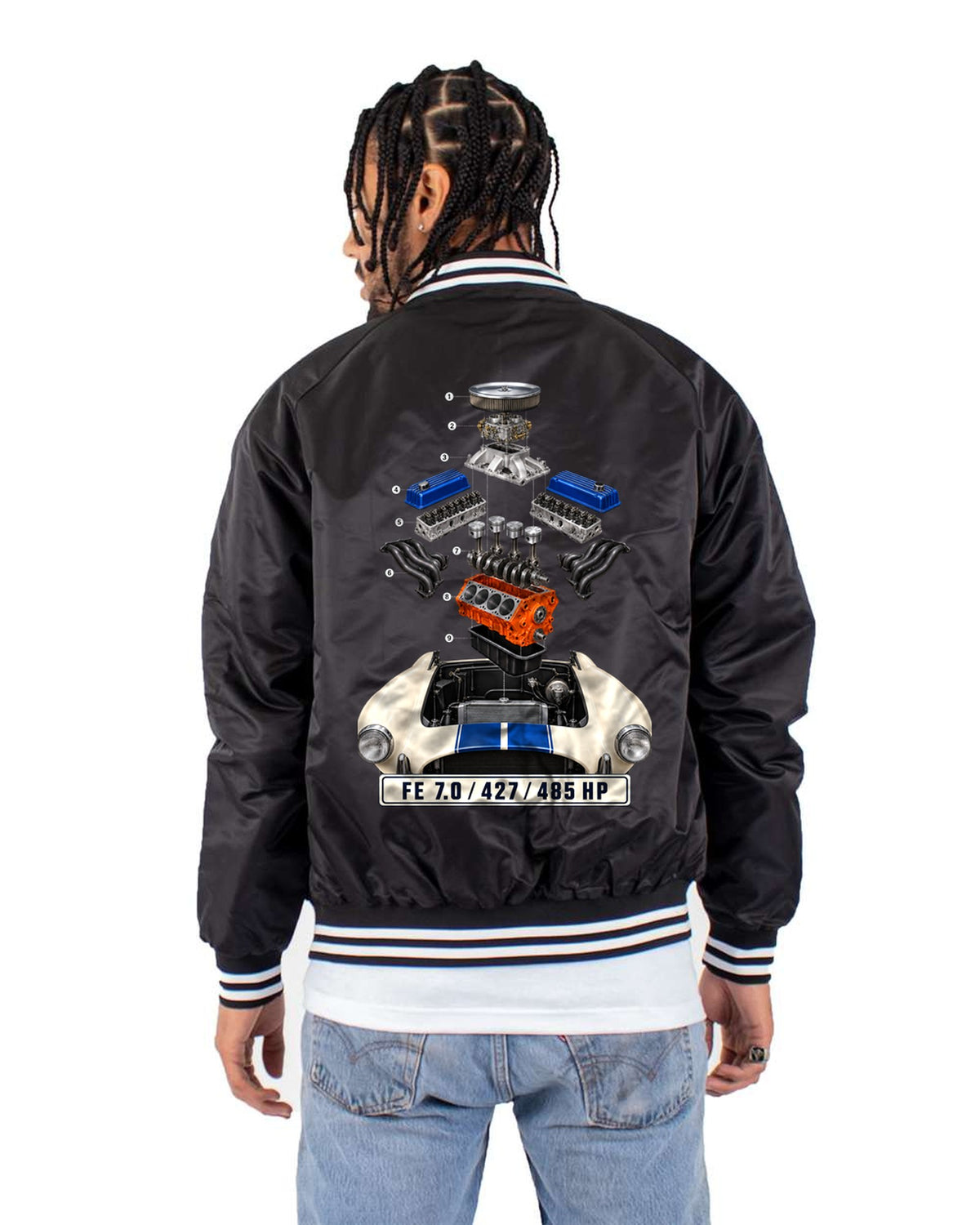 Shelby Cobra 427 Big Block Isometric Exploded View Engine Shirt Bomber Jacket Black back