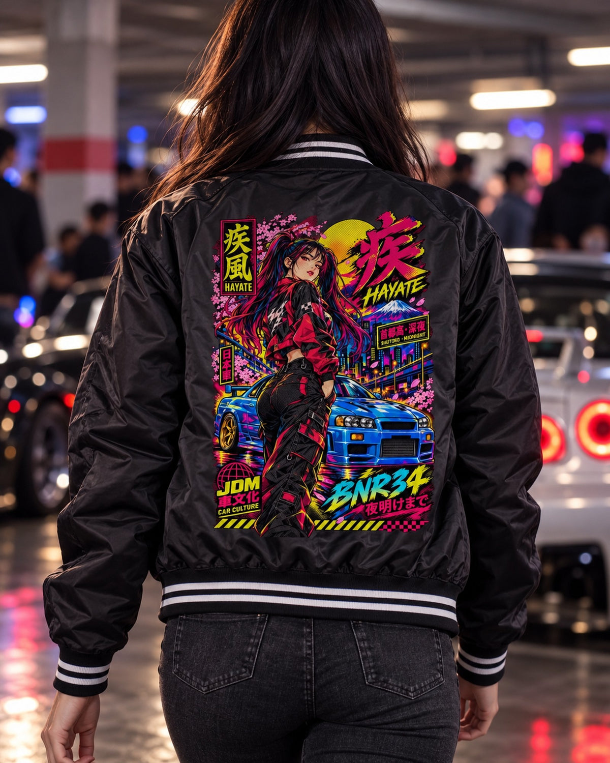 HAYATE BNR34 Anime Girl Full-Back Graphic Tee Bomber Jacket Black worn hero