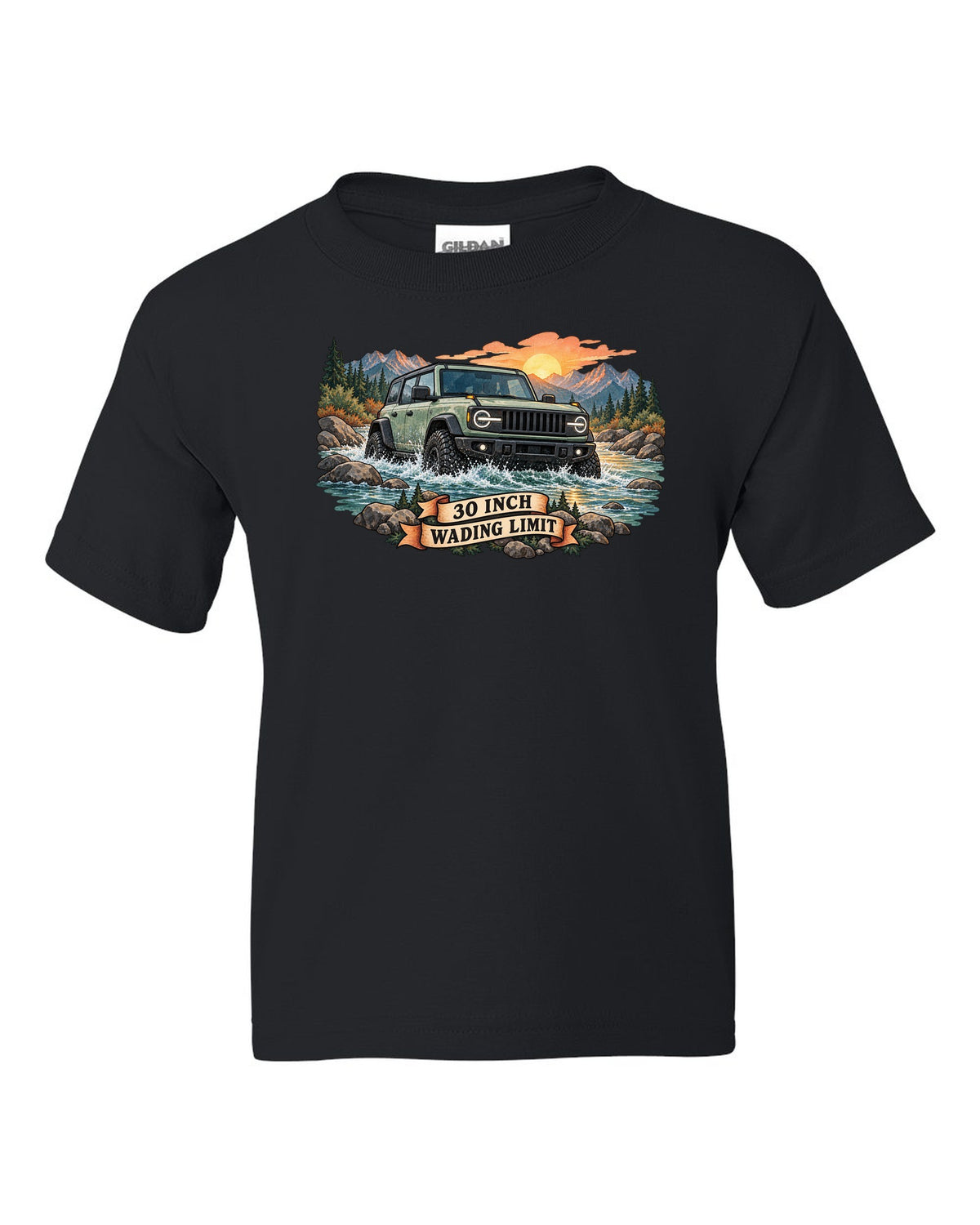 Jeep Wrangler JLU watercolour river crossing at sunrise with 30 inch wading limit text black kids tee front view with the design