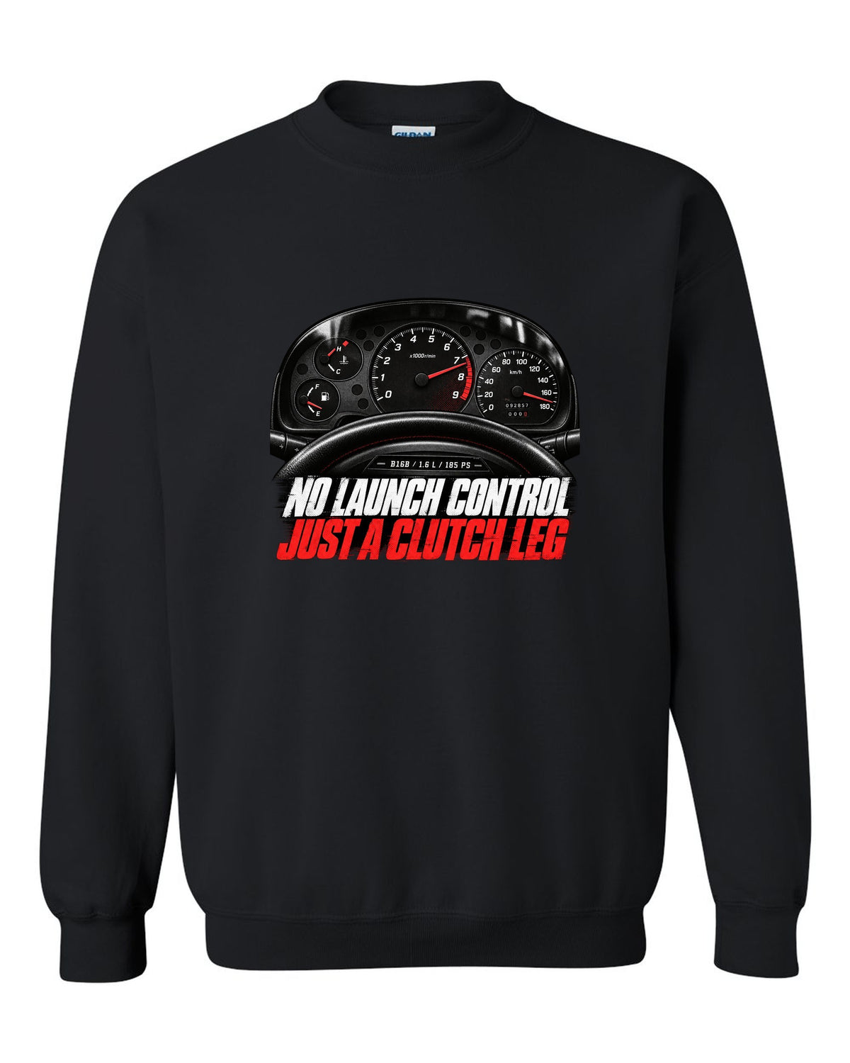 Cockpit gauge print of a 1997 Honda Civic EK9 chback with clutch leg text black crewneck front view with the design