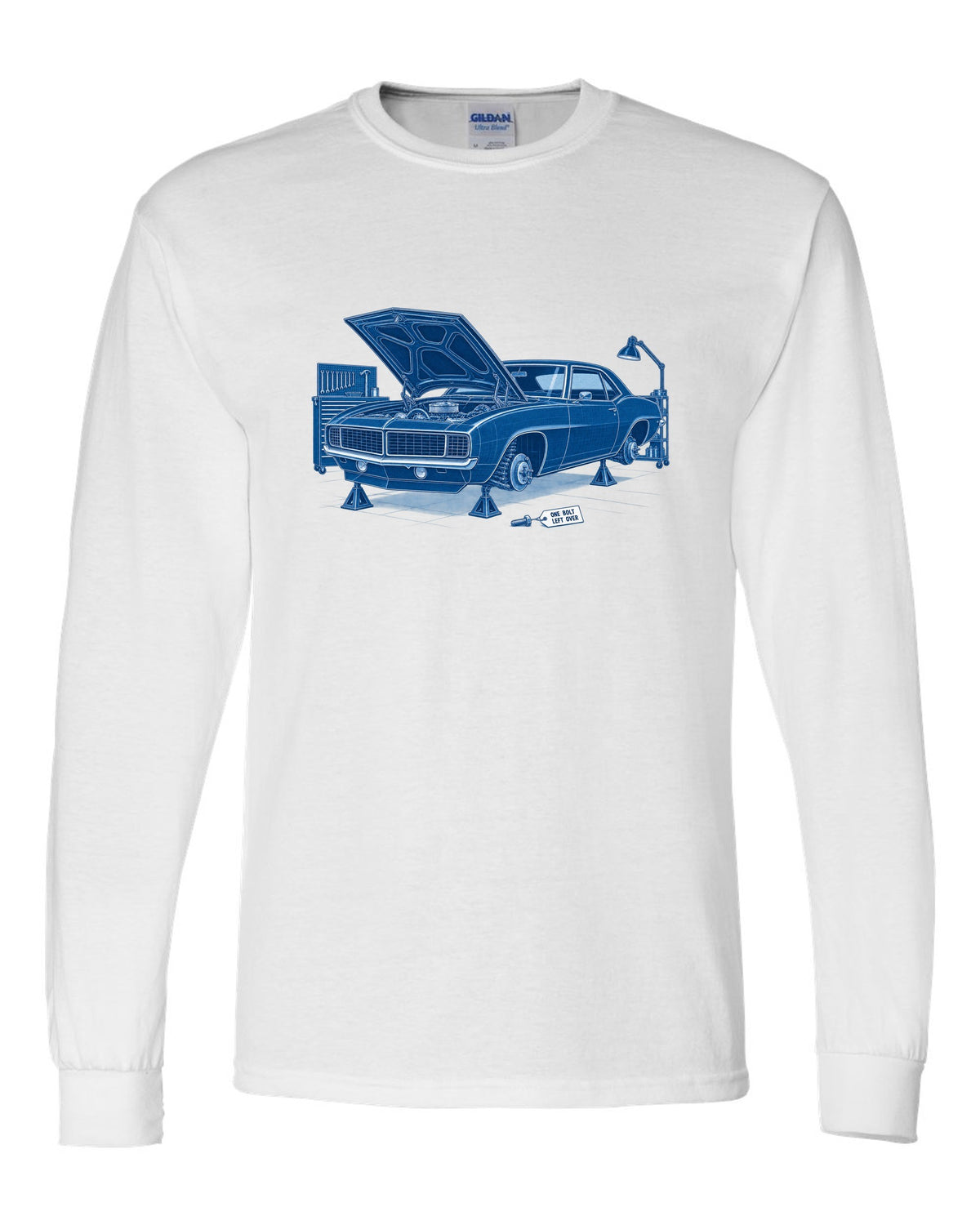 1969 Camaro first-generation in cyanotype negative blueprint style with the text One Bolt Left Over white long sleeve front view with the design