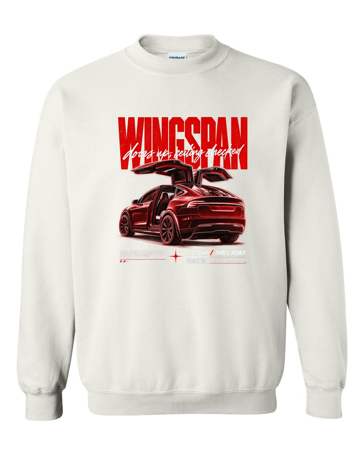 Tesla Model X Plaid 2021 with falcon doors raised in a street poster titled Wingspan white crewneck front view with the design
