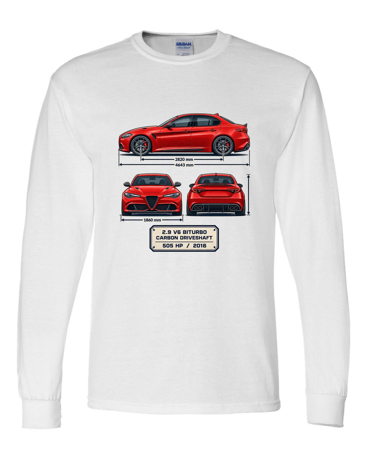Alfa Romeo Giulia Quadrifoglio three-view spec print white long sleeve front view with the design