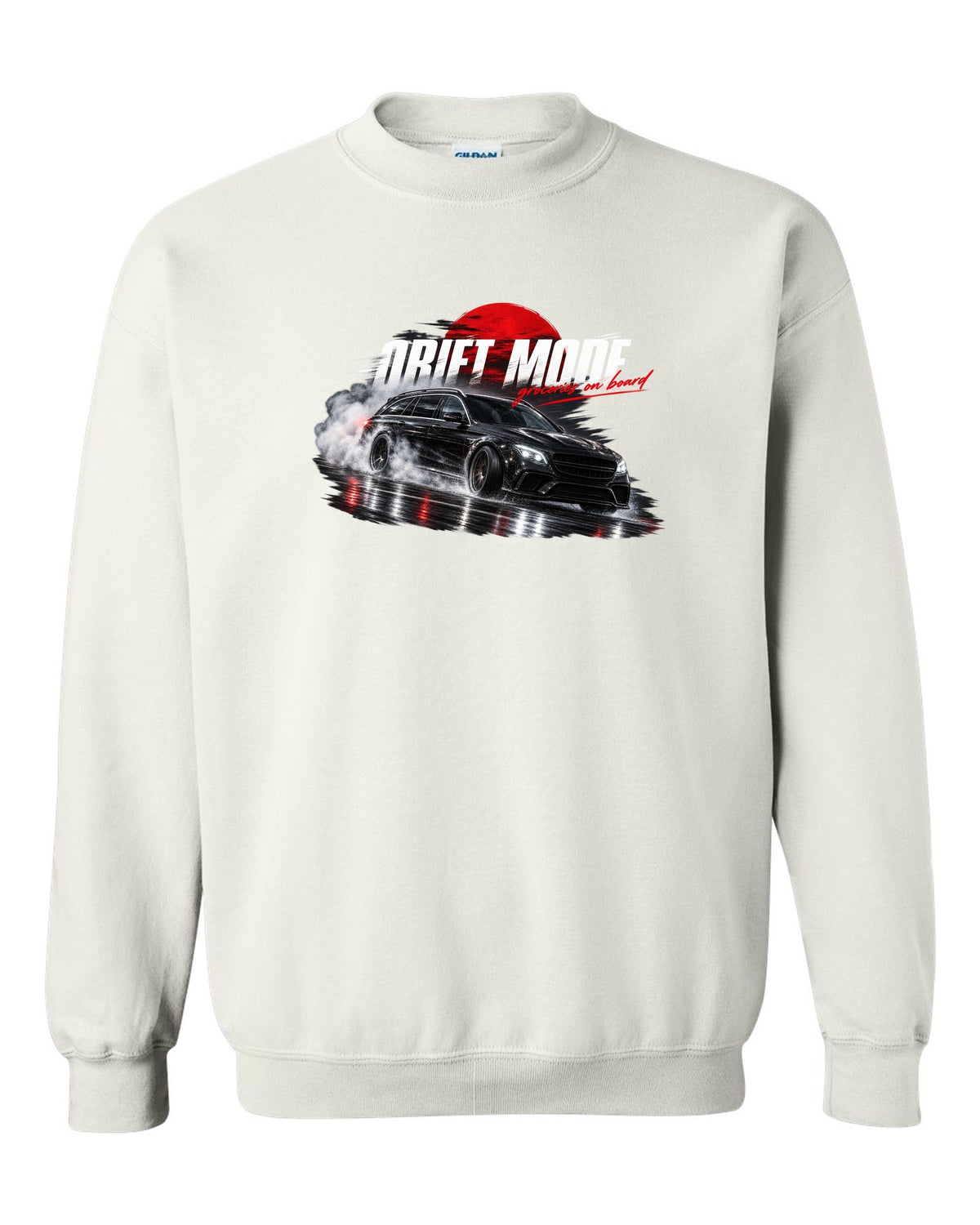 print night drift scene of a 2018 Mercedes E63 S AMG Estate S213 with text Drift Mode groceries on board white crewneck front view with the design