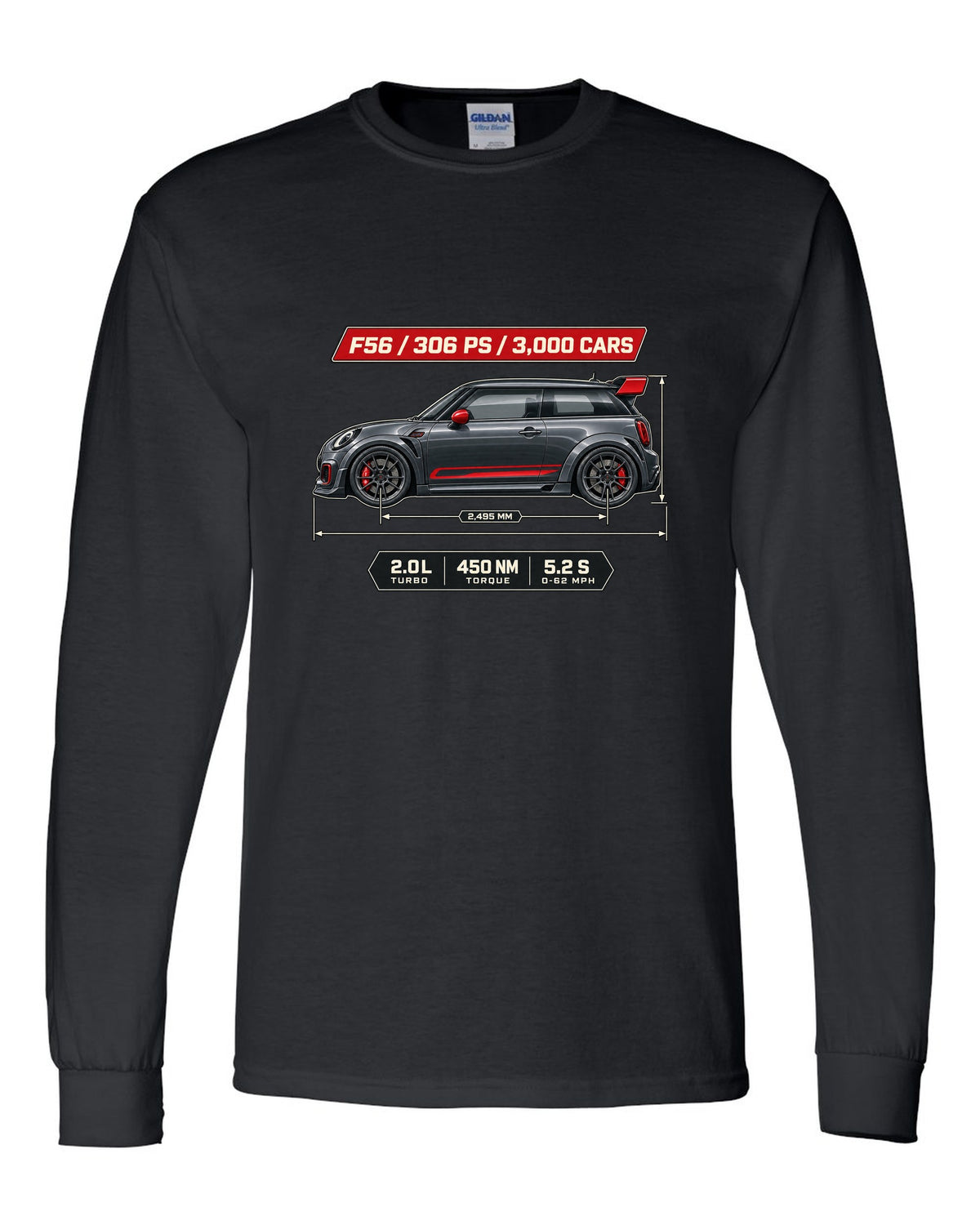 Dimension blueprint print of the Mini JCW GP F56 2020 with 306 PS and 3,000 cars text black long sleeve front view with the design