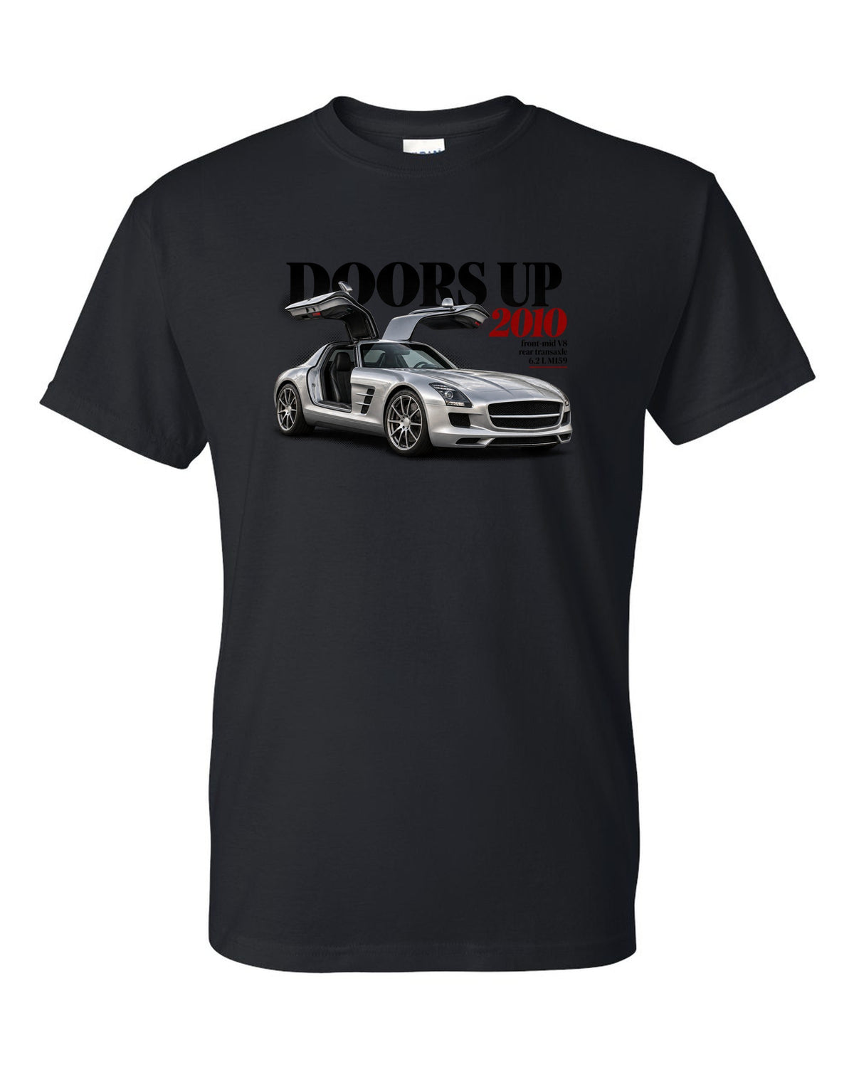 Editorial print of a Mercedes SLS AMG C197 with gullwing doors raised and Doors Up 2010 lettering black t-shirt front view with the design