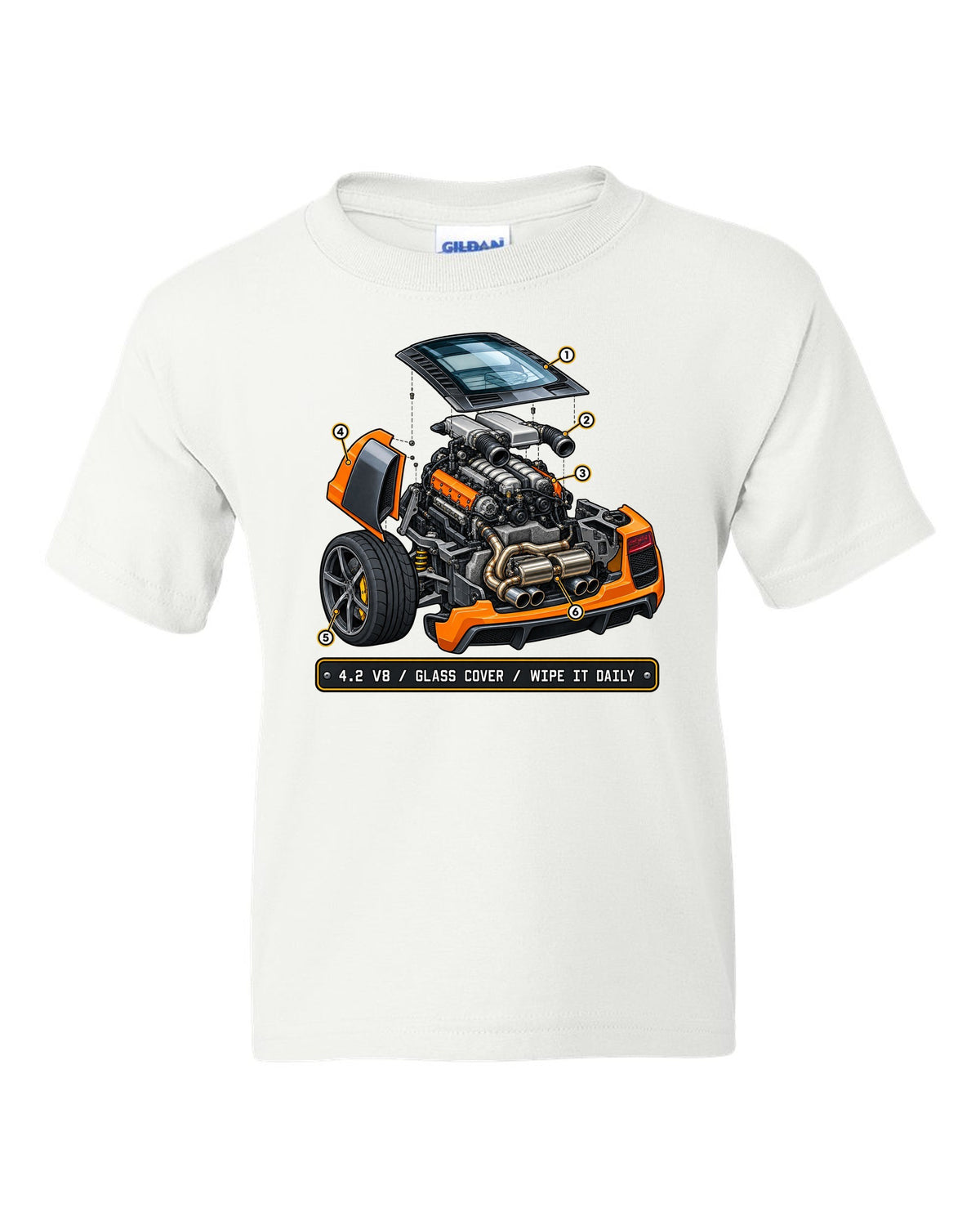 Isometric exploded view print of the Audi R8 Type 42 4.2 V8 with glass cover white kids tee front view with the design