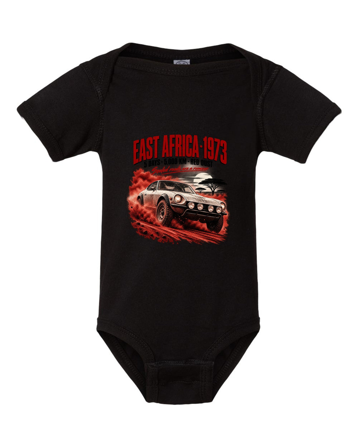 Rally poster print of a 1973 Datsun 240Z S30 rally car for East Africa black baby onesie front view with the design
