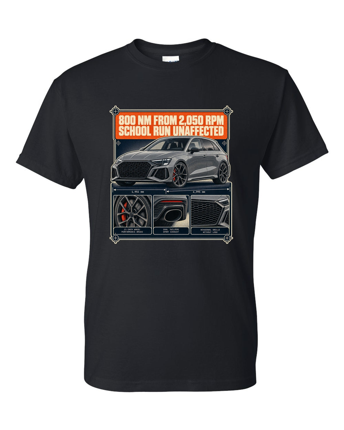 Dossier panels for the Audi RS6 Avant C8 noting 800 Nm from 2,050 rpm black t-shirt front view with the design