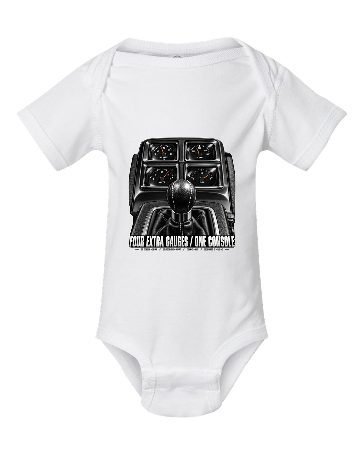 Cockpit print of a 2010 Chevrolet Camaro SS console gauge pod with four extra gauges text white baby onesie front view with the design