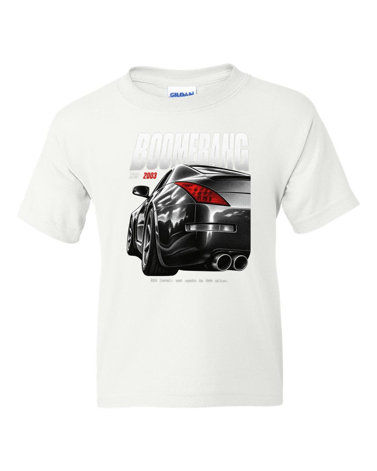 print of Nissan 350Z Z33 boomerang tail lights with an oil level joke caption white kids tee front view with the design