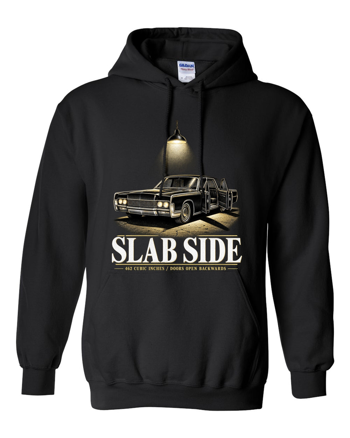 print of a 1966 Lincoln Continental fourth generation parked in a night garage black pull over hoodie front view with the design