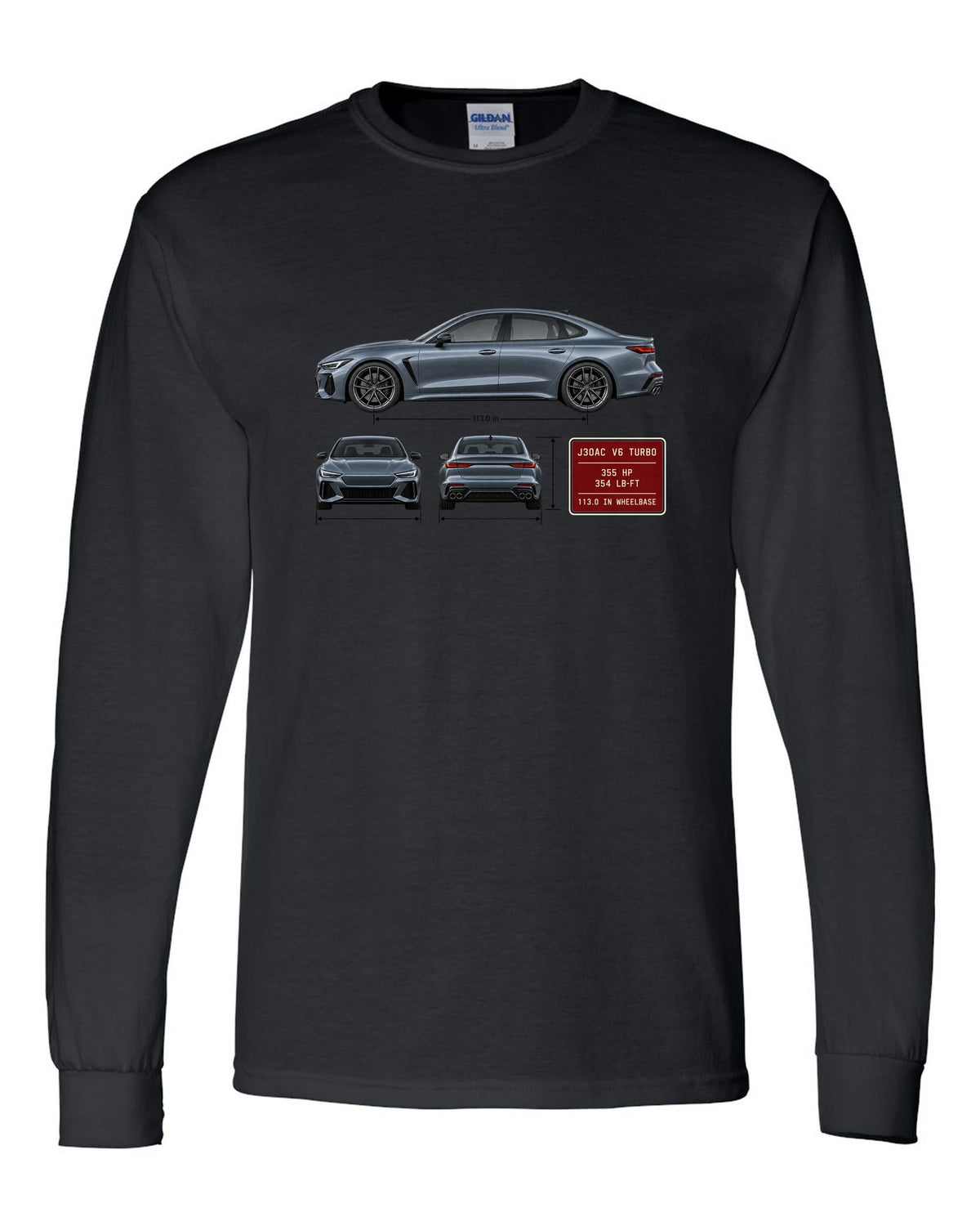 Acura TLX Type S three-view spec table print black long sleeve front view with the design