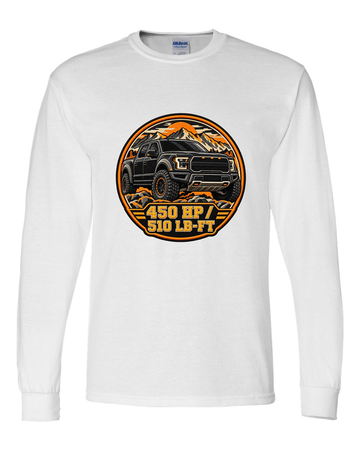 Varsity crest print for a 2017-20 Gen 2 Ford F-150 Raptor P552 with 450 hp text white long sleeve front view with the design