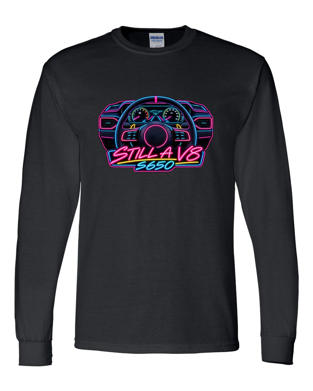 Neon sign style 2024 S650 Ford Mustang coupe with Still a V8 text black long sleeve front view with the design