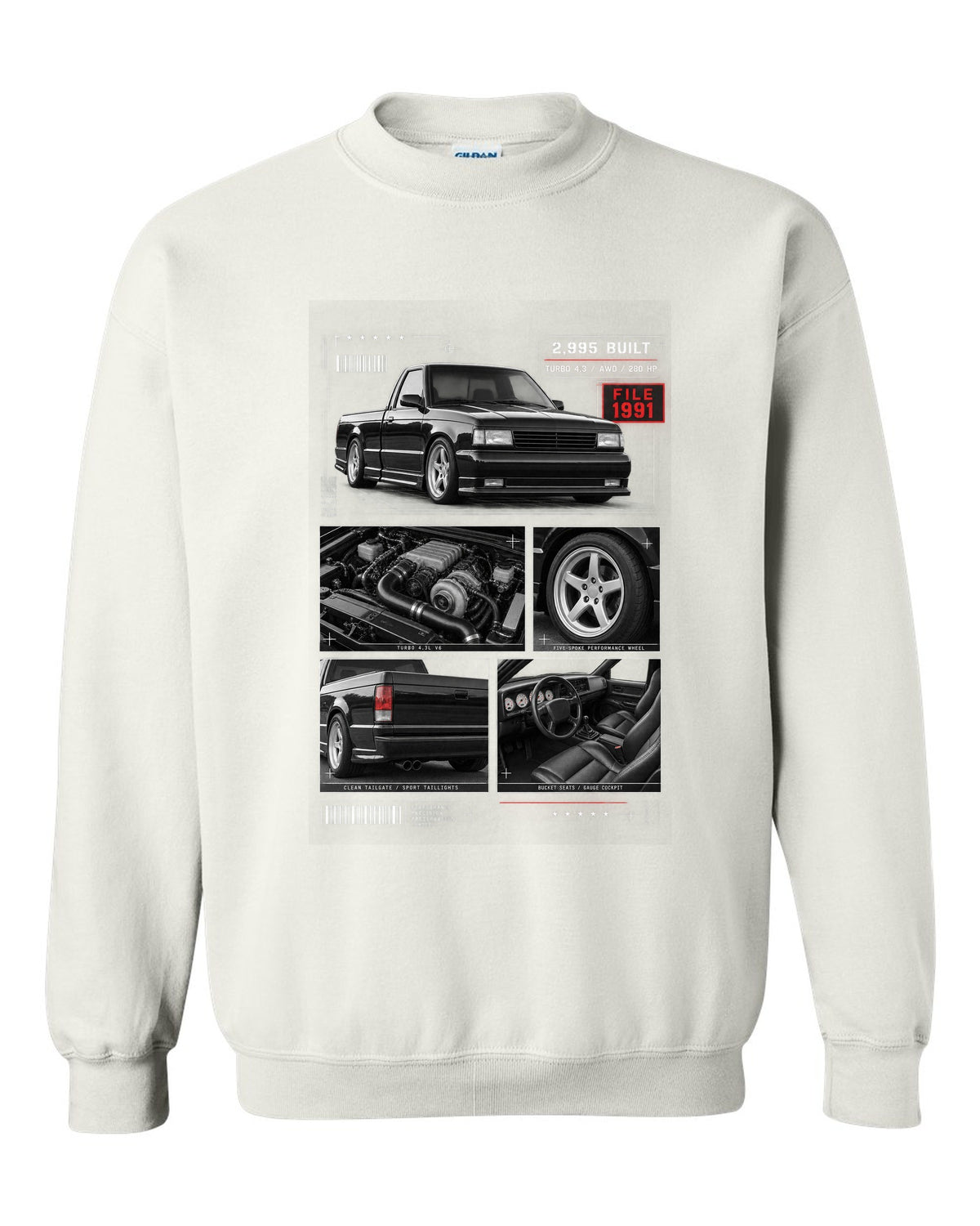 Dossier-style print of a 1991 GMC Syclone with detail panels white crewneck front view with the design