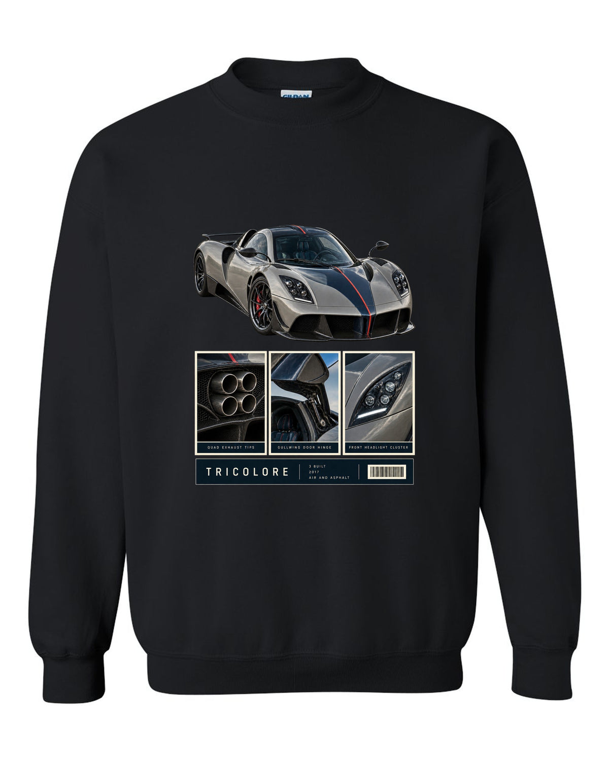 Dossier panel print of the Pagani Huayra Tricolore with the text Tricolore, 3 built, 2017, air and asphalt black crewneck front view with the design