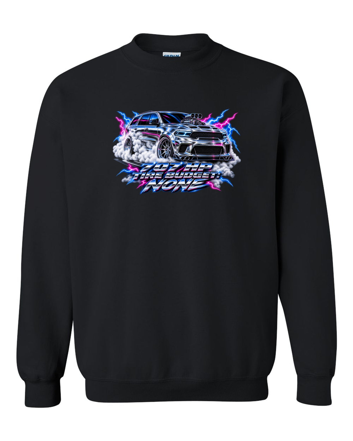 80s airbrush chrome print of a Jeep Grand Cherokee WK2 Trackhawk with 707 HP text black crewneck front view with the design