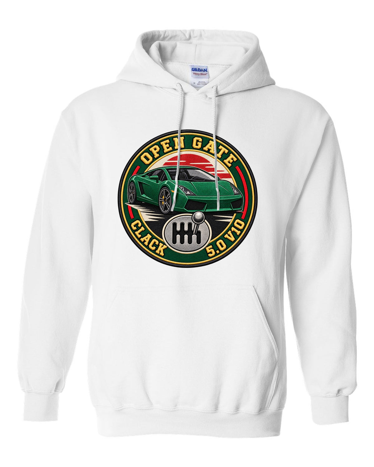 Embroidery-style crest of a Lamborghini Gallardo open-gate six-speed manual with V10 text white pull over hoodie front view with the design