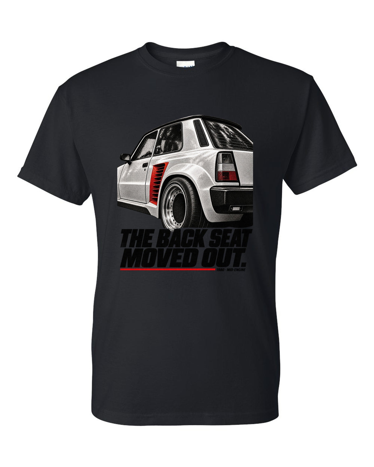 Renault 5 Turbo rear detail macro print with back seat caption black t-shirt front view with the design