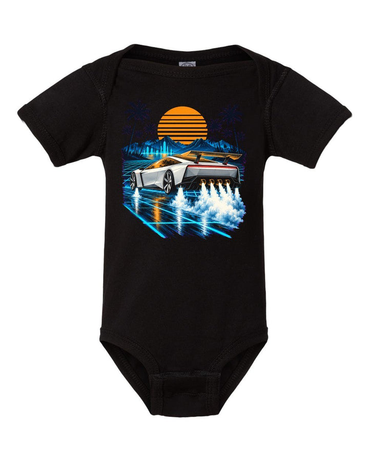 Tesla Roadster Synthwave Baby Onesie Black front