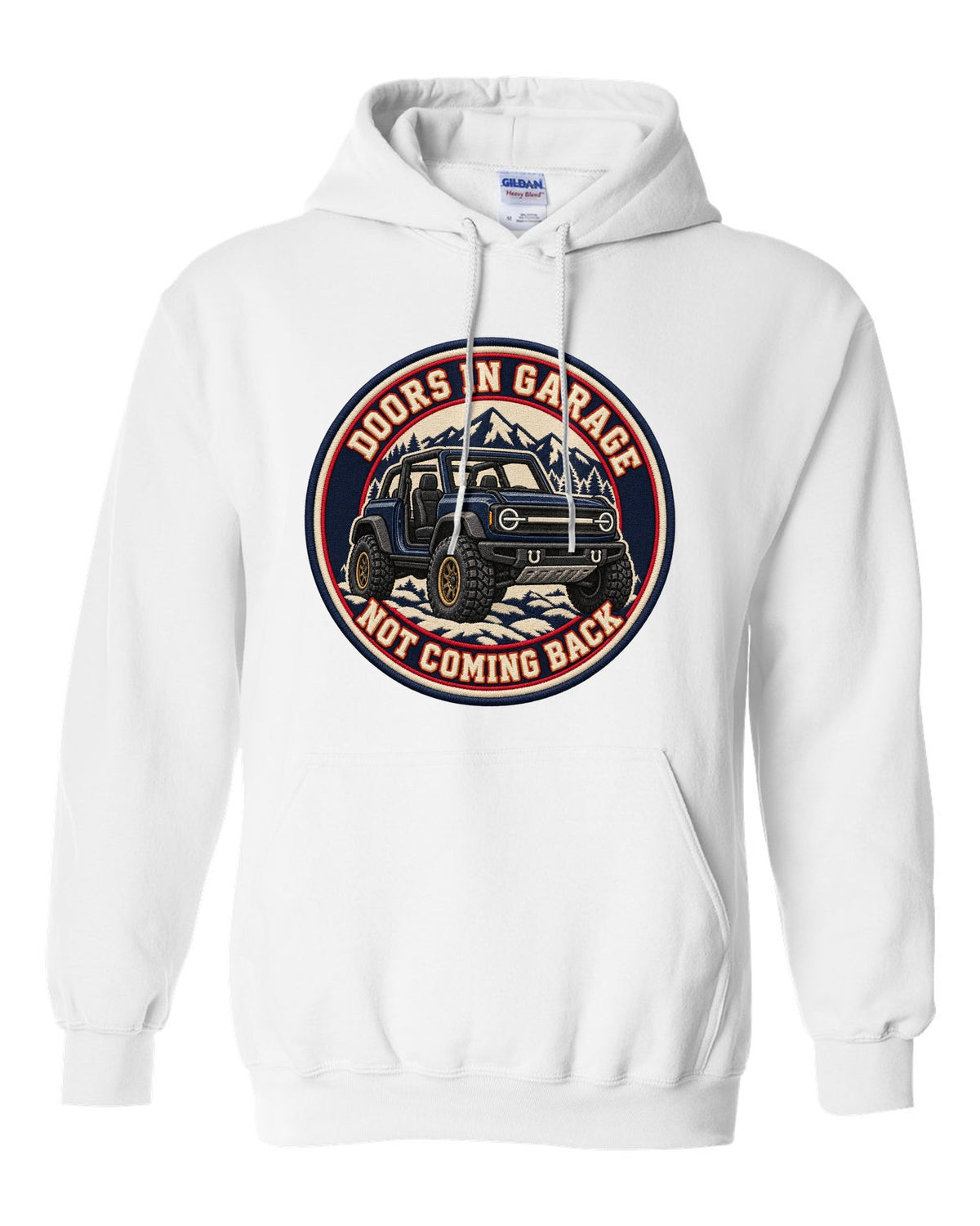 Embroidery-style varsity crest of a 2021 Ford Bronco with doors and roof off at the beach white pull over hoodie front view with the design