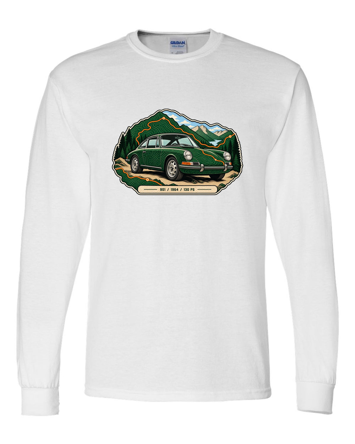 Porsche 993 RS engine bay data plate spec sheet design with 3.8 and 300 PS text white long sleeve front view with the design