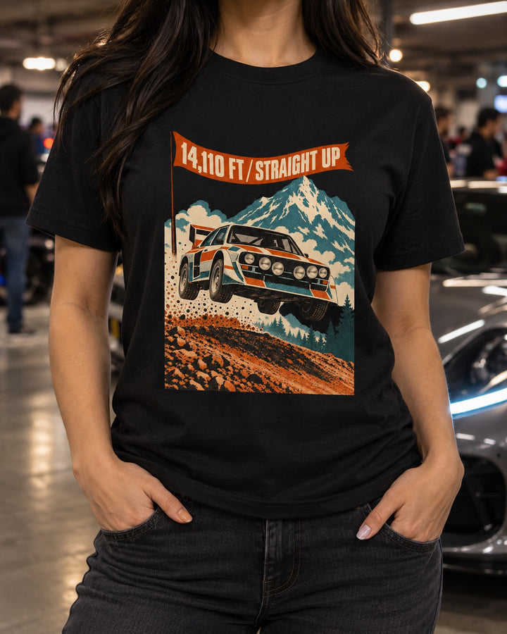 Audi Sport Quattro S1 E2 Pikes Peak Airborne Race Poster Shirt T-Shirt Black worn hero