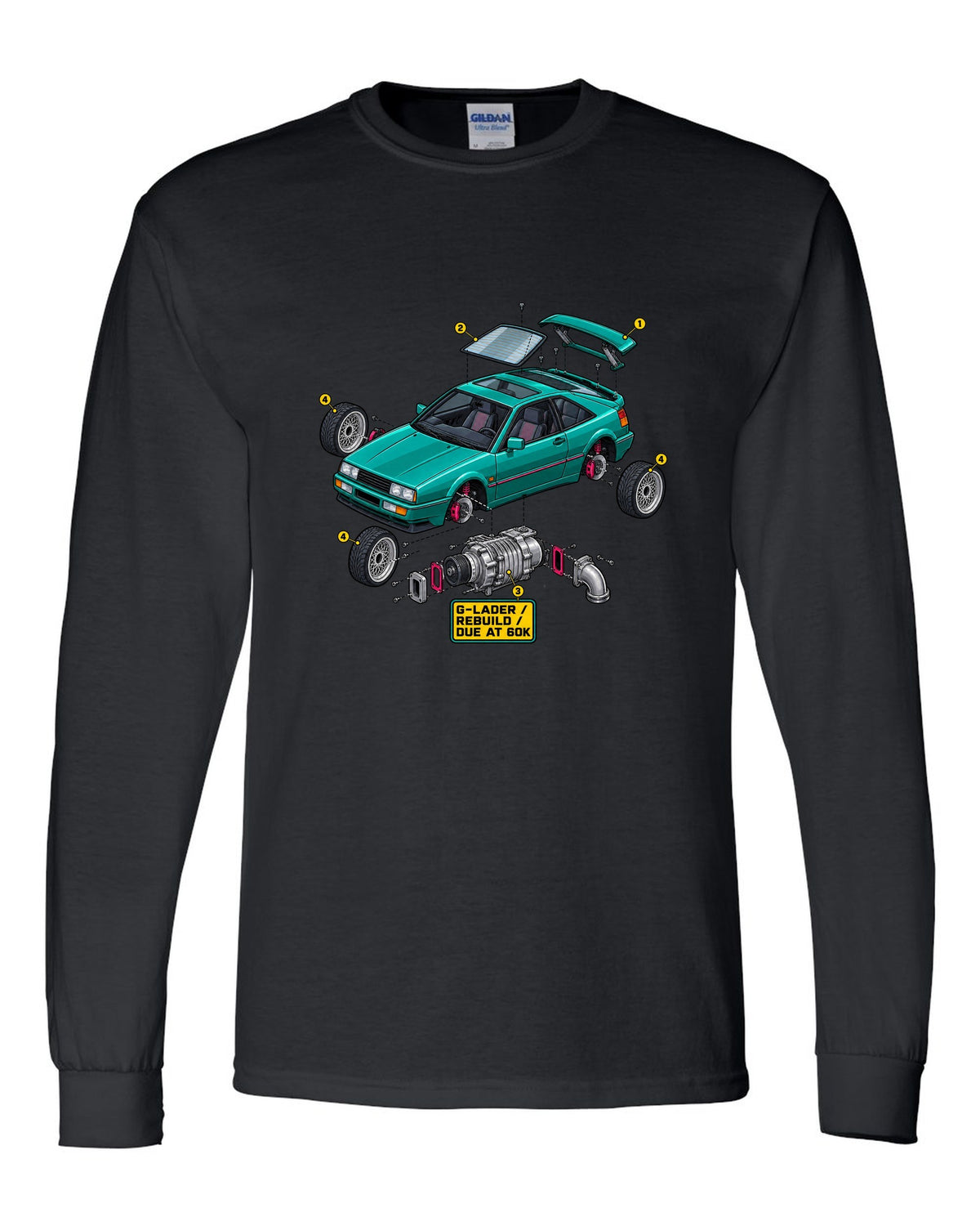 Exploded cutaway engine illustration of a VW Corrado G60 with G-Lader rebuild due at 60K text black long sleeve front view with the design