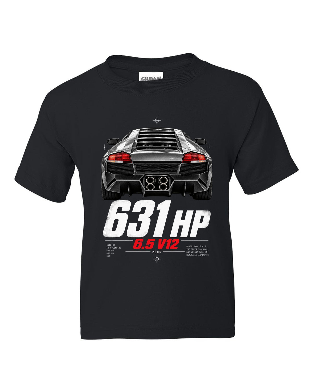 Taillight macro print of a Lamborghini Murcielago LP640 with 631 HP and 6.5 V12 text black kids tee front view with the design