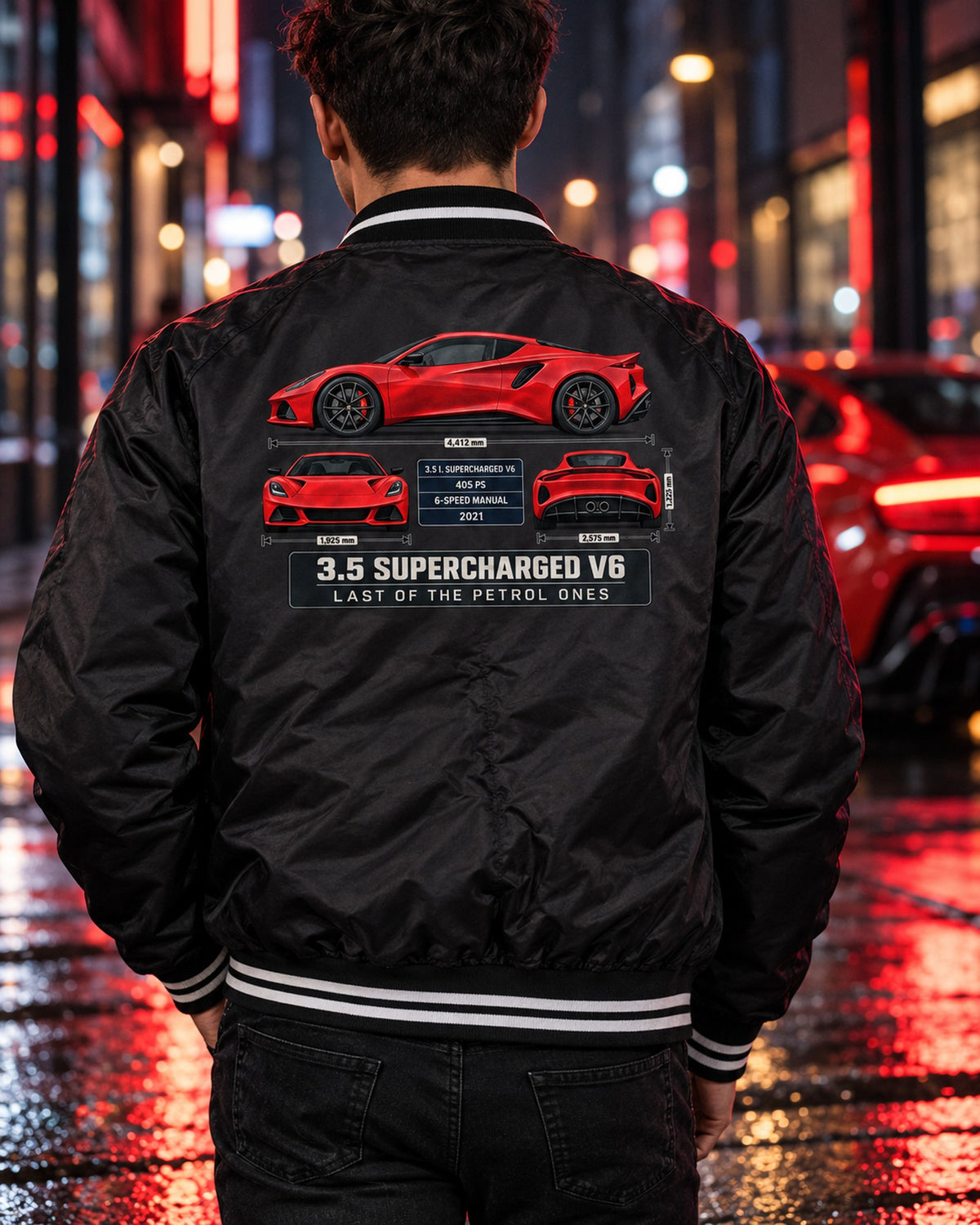 Lotus Emira V6 First Edition Spec Poster Tee, 3.5 Supercharged Bomber Jacket Black worn hero