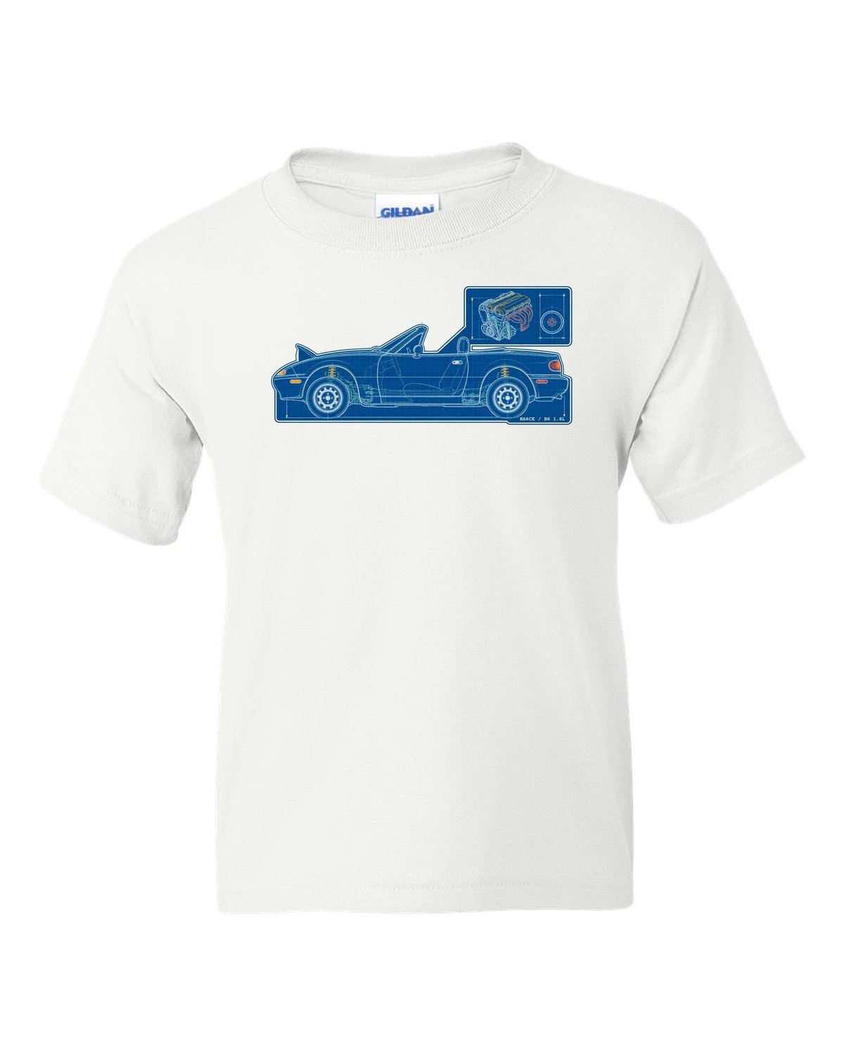 Sticker-bomb collage of a Mazda MX-5 NC rear with MZR 2.0 167 HP text white kids tee front view with the design