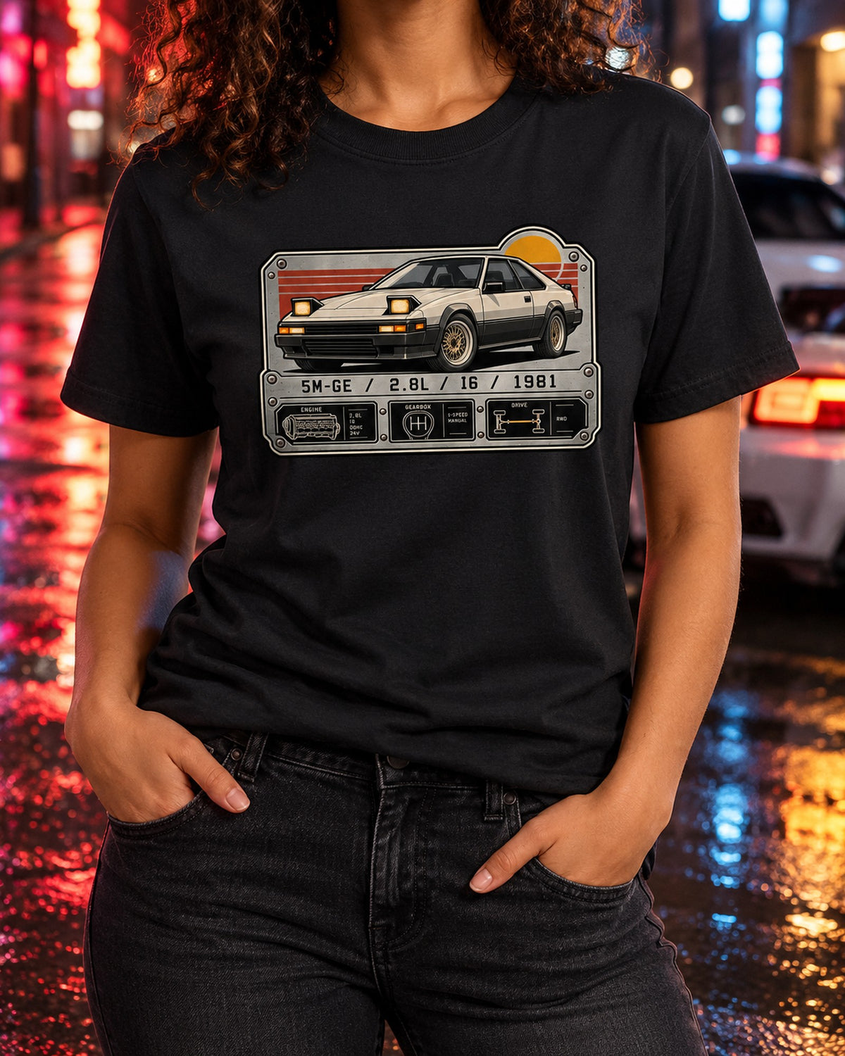 Toyota Supra A60 Mk2 5M-GE Engine Data Plate Spec Shirt T-Shirt Black worn hero