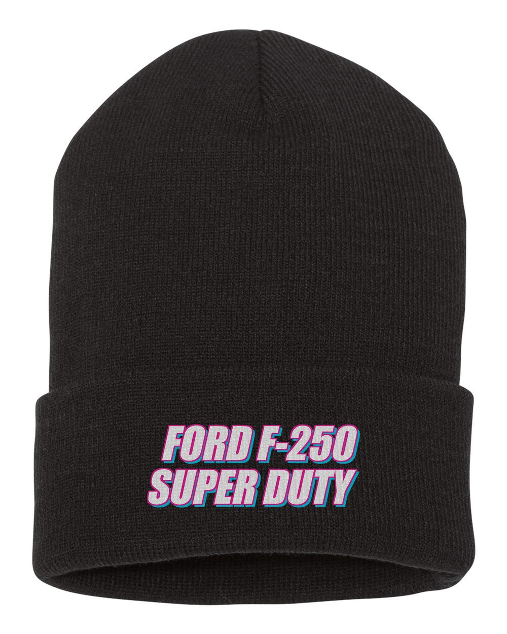 Ford F-250 Super Duty black beanie front view with car name