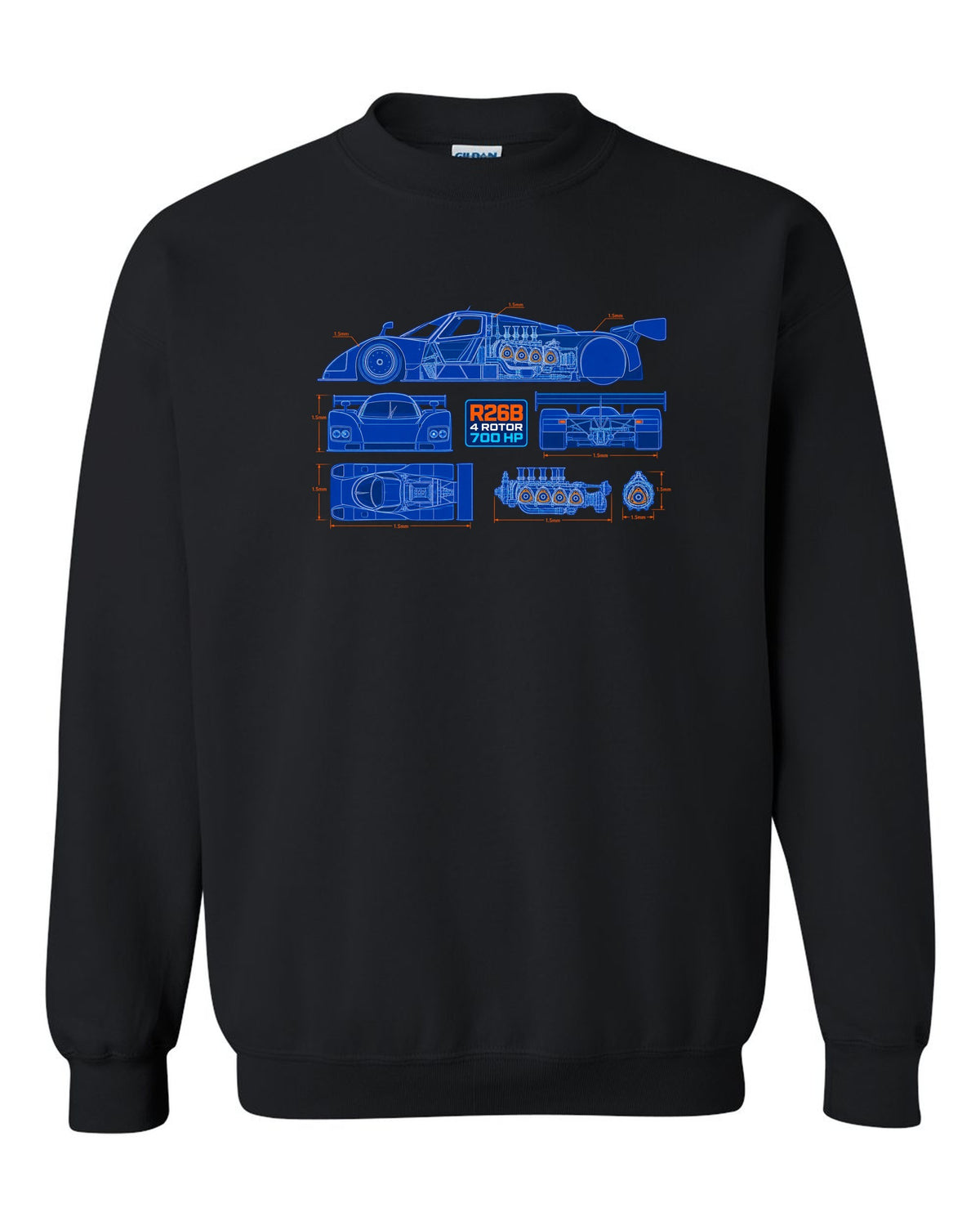 Technical blueprint cutaway of the Mazda 787B R26B four-rotor engine with 700 HP lettering black crewneck front view with the design