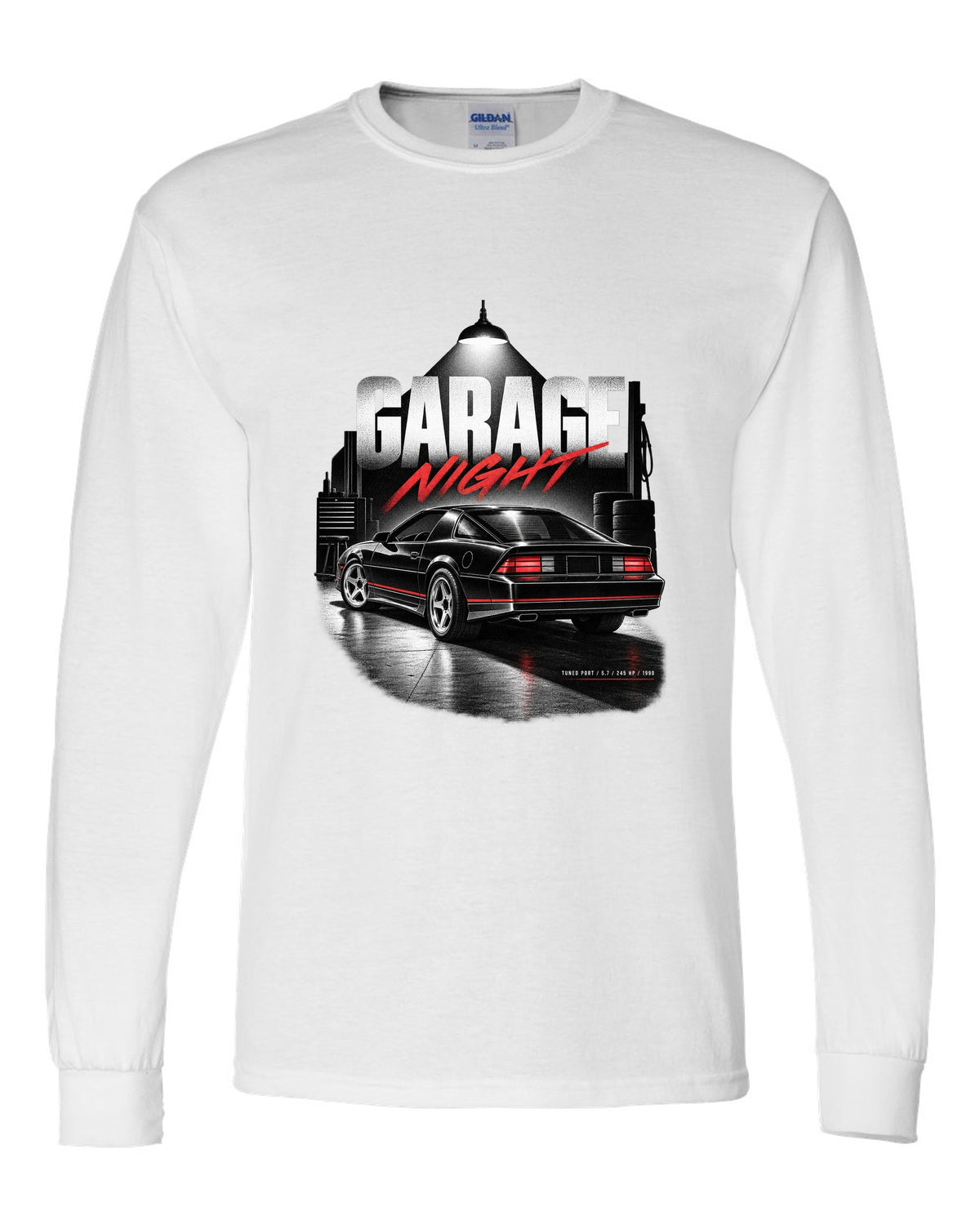 Garage-night print of a 1990 Chevrolet Camaro IROC-Z with tuned port 5.7 245 hp text white long sleeve front view with the design