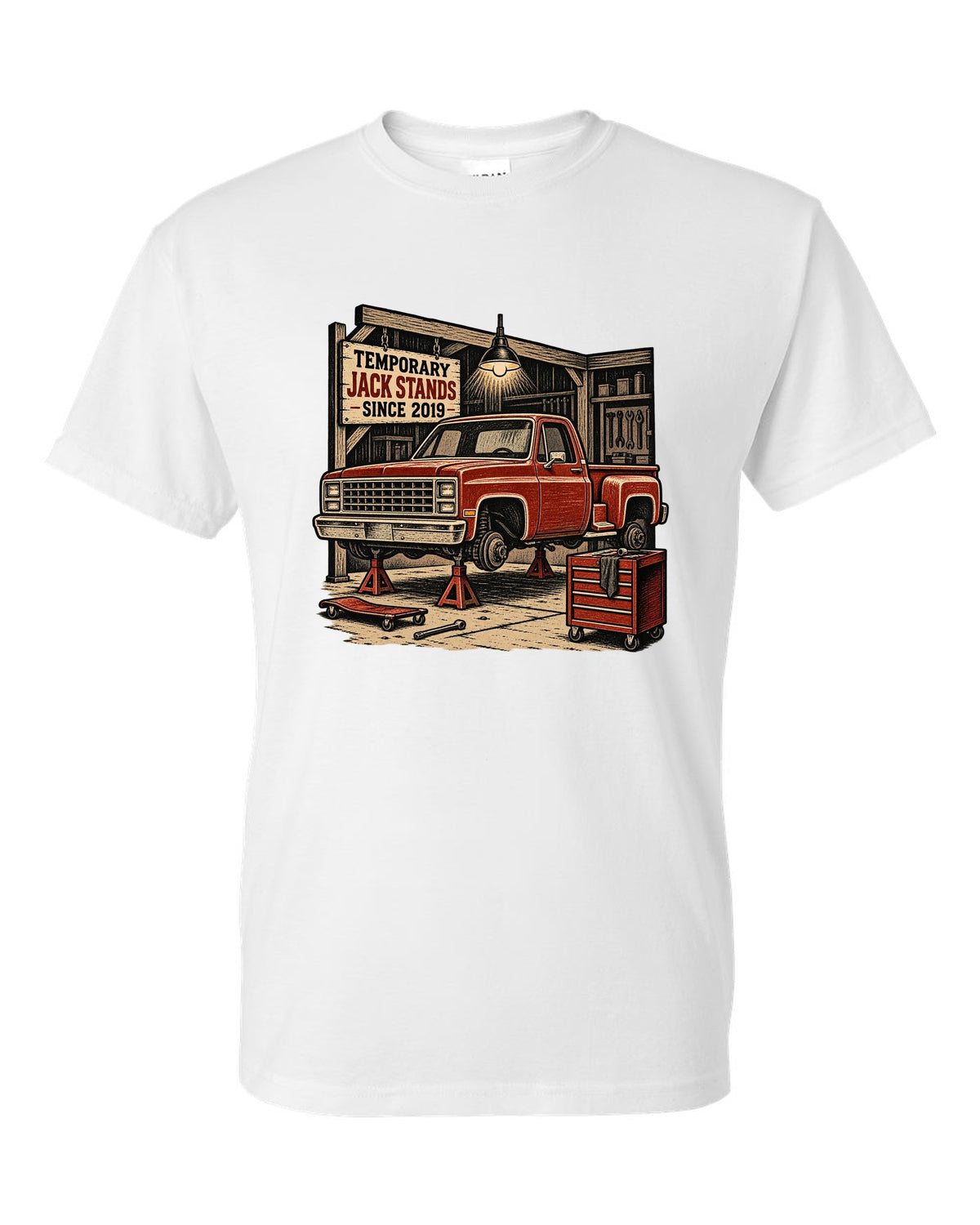 Linocut woodcut style print of a 1973-87 Chevrolet C10 Squarebody Stepside in a workshop with jack stands lettering white t-shirt front view with the design