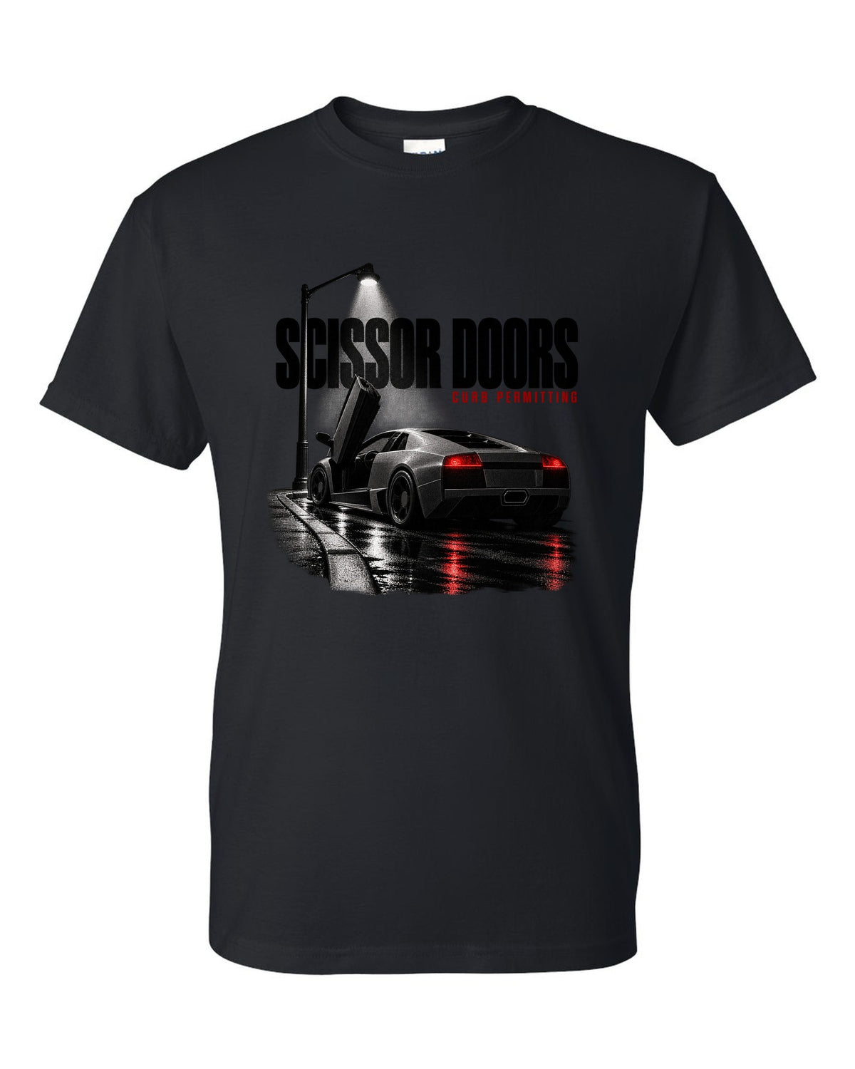 Garage night print of a Lamborghini Murcielago LP640 with scissor doors raised black t-shirt front view with the design