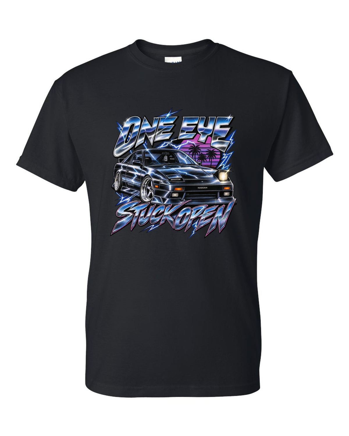 80s airbrush chrome print of a Nissan 180SX S13 ch with one eye stuck open text black t-shirt front view with the design