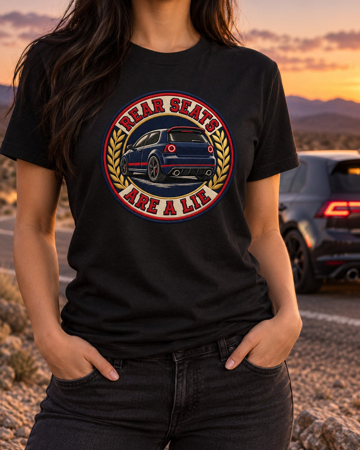 Mini JCW F56 Varsity Crest Tee, Rear Seats Joke T-Shirt Black worn hero