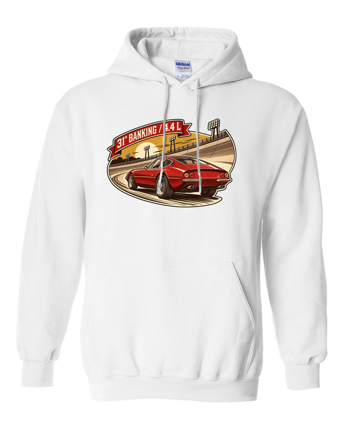 Sepia retro race-programme illustration of three Ferrari 365 GTB/4 Daytonas on banking white pull over hoodie front view with the design