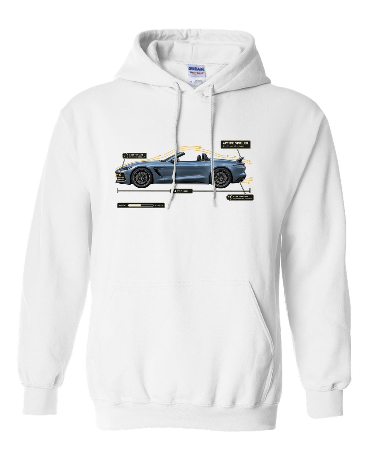 SL63 R232 Active Spoiler Aero Callout white pull over hoodie front view with the design