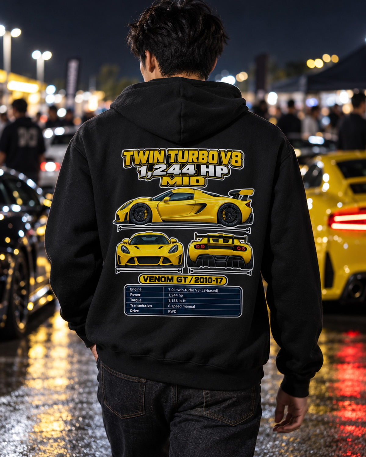 Hennessey Venom Gt Spec Sheet Full-Back Graphic Tee Pull Over Hoodie Black worn hero