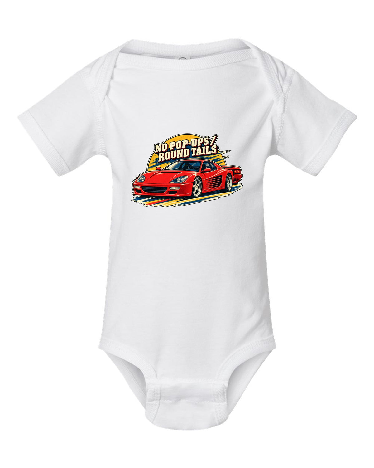 Retro race programme illustration print of the Ferrari F512 M with the text no pop-ups, round tails white baby onesie front view with the design