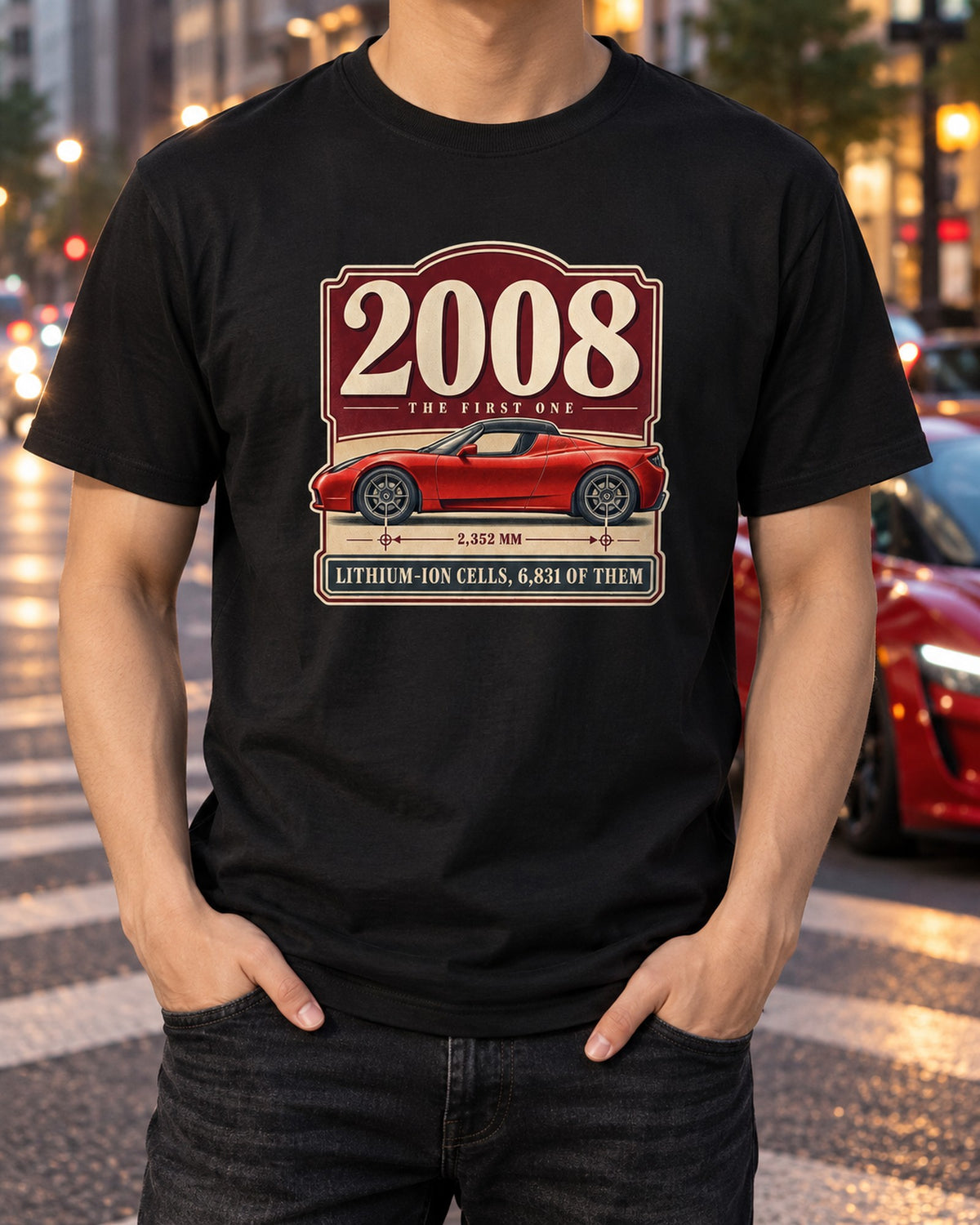 Tesla Roadster 2008 Archive Panel Shirt, First EV Sports Car T-Shirt Black worn hero