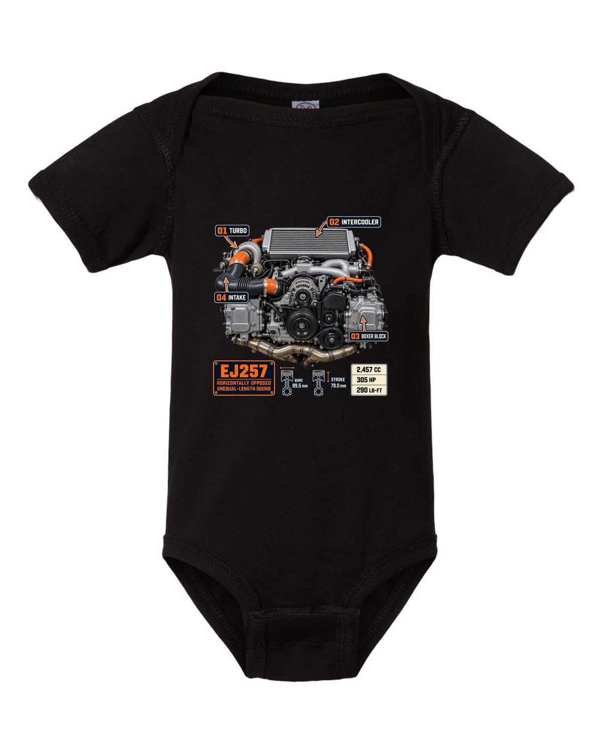 Poster-style print of a Subaru EJ257 boxer engine from the WRX STI VA with technical callouts black baby onesie front view with the design