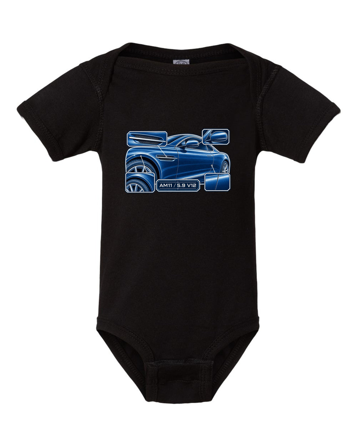 Aston Martin DB9 cyanotype blueprint with AM11 5.9 V12 lettering black baby onesie front view with the design