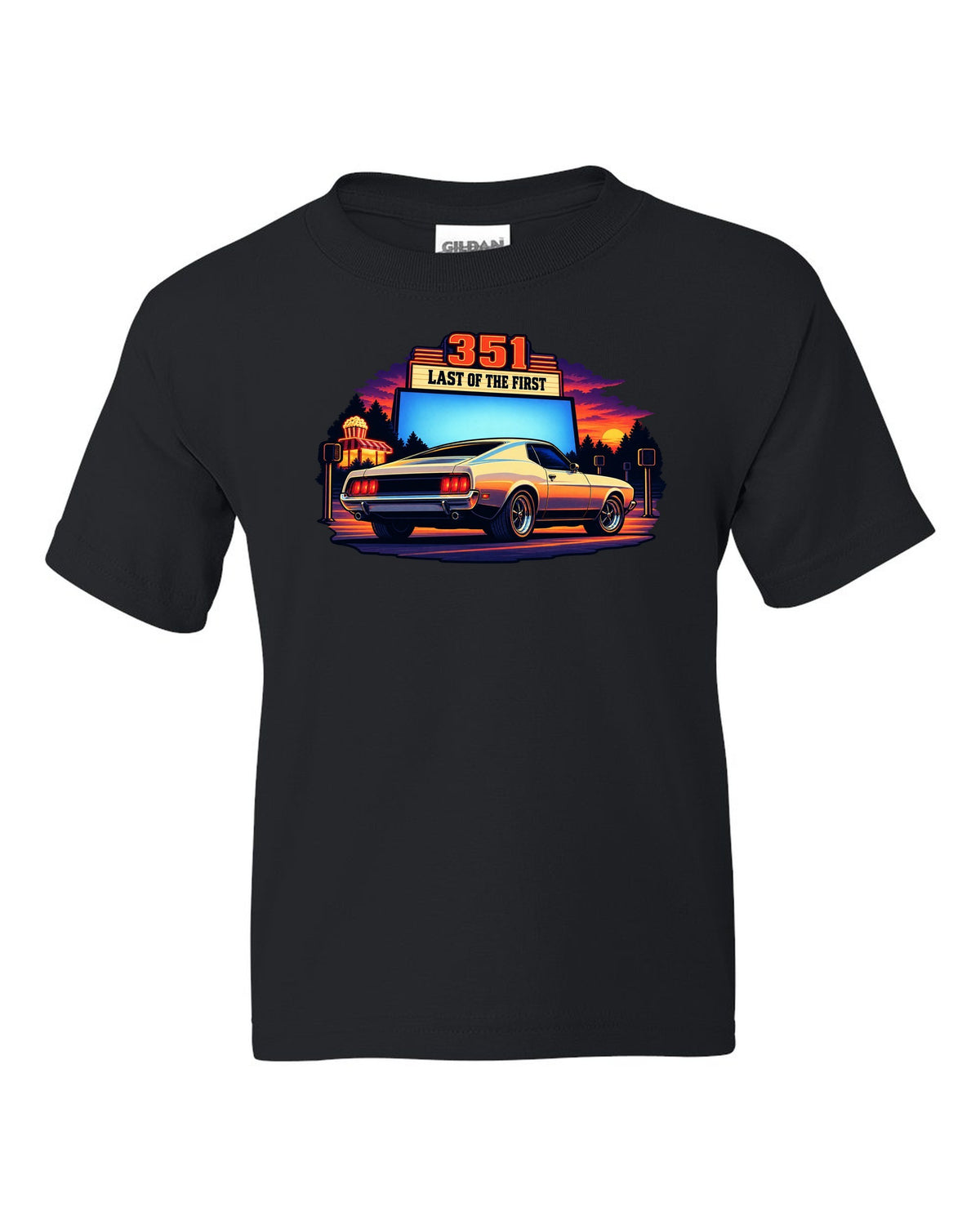 Cel-shaded anime print of a 1973 Ford Mustang fastback at a drive-in black kids tee front view with the design